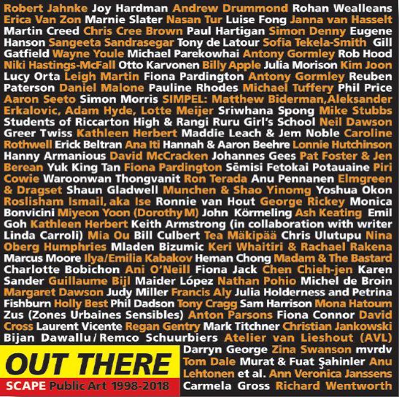 Hardback book 'Out There - SCAPE Public Art 1998-2018' showcasing two decades of public art in Christchurch, New Zealand.