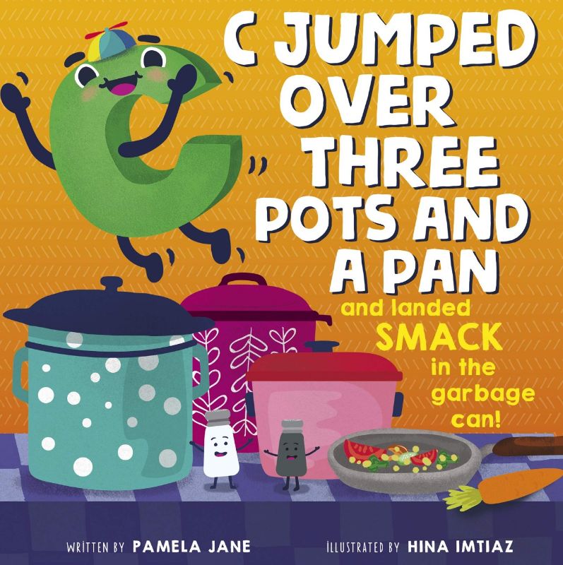 Children's book cover featuring the letter C's adventure in a garbage can with playful illustrations and vibrant colors.