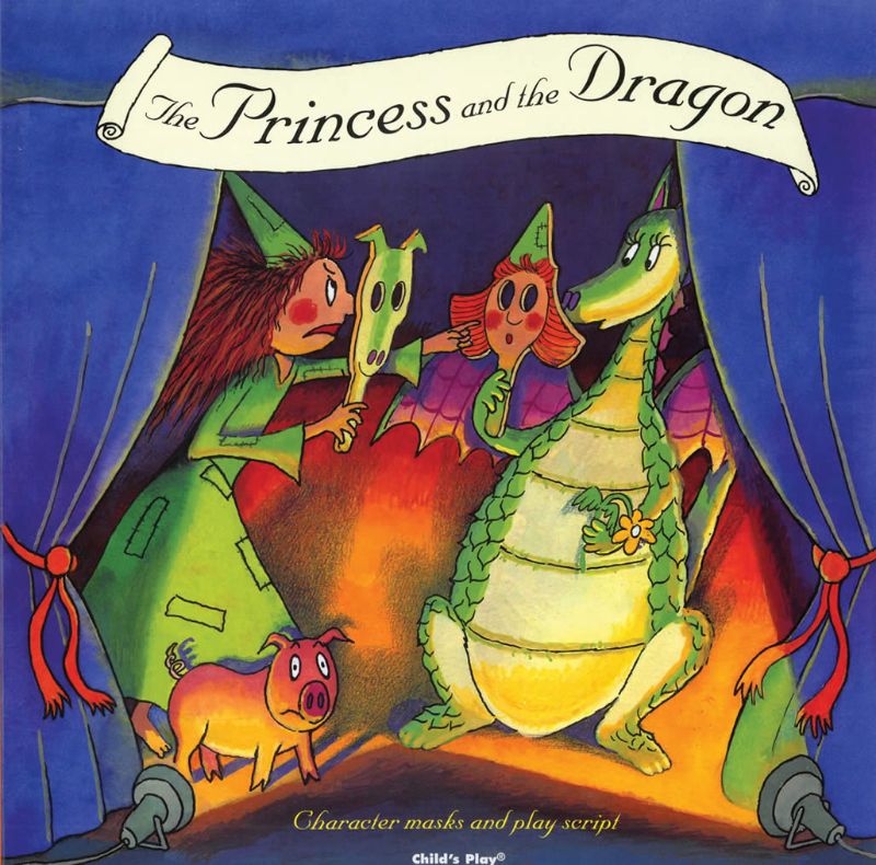 Colorful children's book with masks, featuring a Princess and Dragon in a whimsical, imaginative tale for creative play.