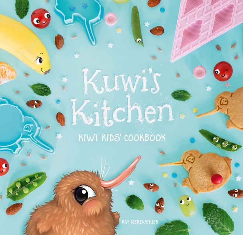 Colorful cover of Kuwis Kitchen - Kiwi Kids Cookbook, featuring fun illustrations and inviting kids to explore healthy recipes.