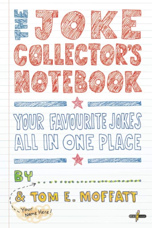 A colorful notebook featuring 230 pages for collecting jokes and sketches, designed for aspiring comedians aged 8 and up.