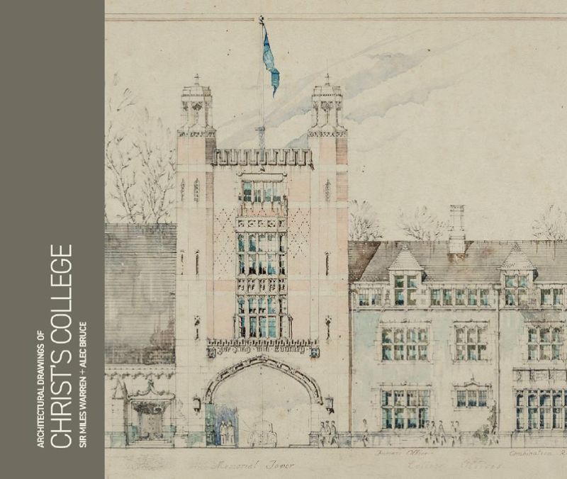Hardback book showcasing architectural drawings of Christ's College in Christchurch, authored by Sir Miles Warren and Alec Bruce.