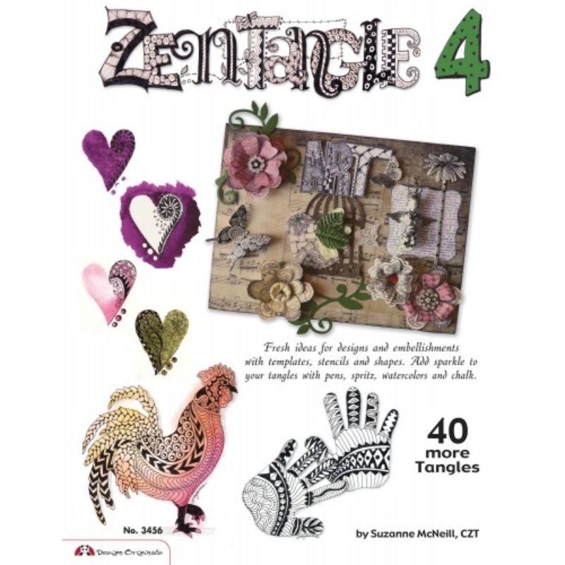 Art book 'Zentangle 4' by Suzanne McNeill, featuring techniques for creative projects and embellishing art with color and bling.