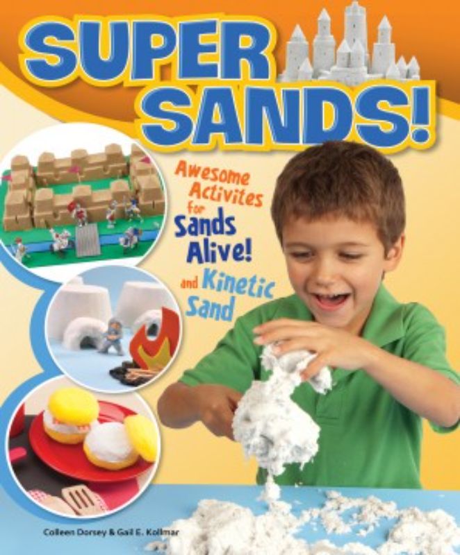 Colorful container of Super Sands, a mess-free indoor play sand for creative sculpting and imaginative fun.