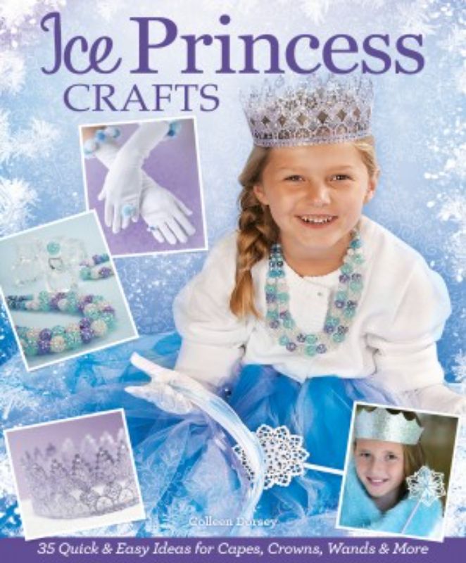 A creative crafting book showing step-by-step projects for winter-themed costumes like capes, crowns, and wands.