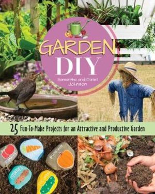 "Cover of 'Garden DIY' book featuring vibrant images of diverse gardening projects and step-by-step instructions."