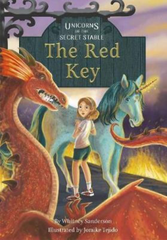 Cover of "Unicorns of the Secret Stable: The Red Key," featuring Ruby, Cole, and a magical unicorn in an adventure scene.