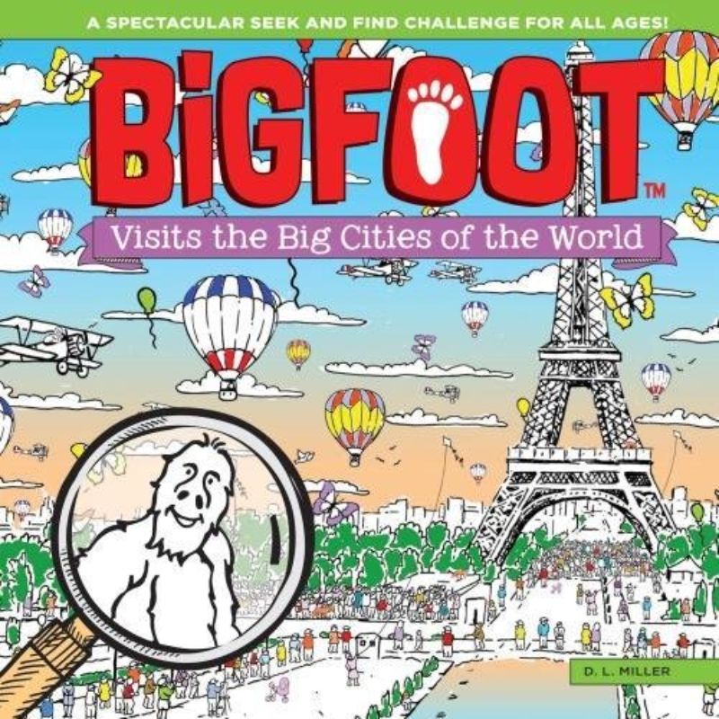 Whimsical hardback book featuring Bigfoot exploring iconic cities through 10 detailed visual puzzles and fun educational facts.