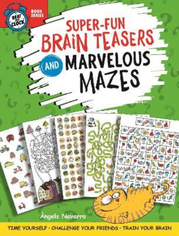 Colorful activity book cover featuring brain teasers and mazes designed for kids to enhance problem-solving and creativity.