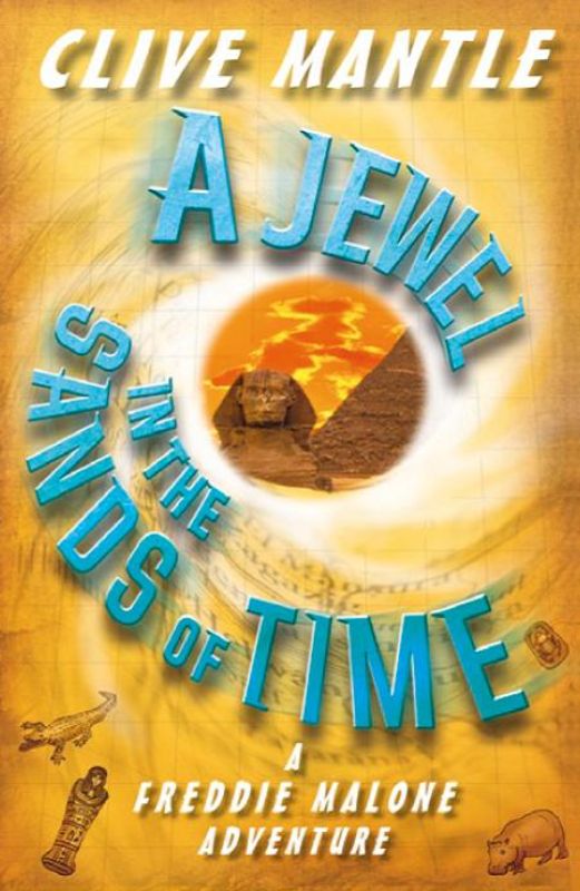 Cover of 'A Jewel in the Sands of Time', featuring Freddie, Connor, and Ruby on a thrilling time-travel adventure.