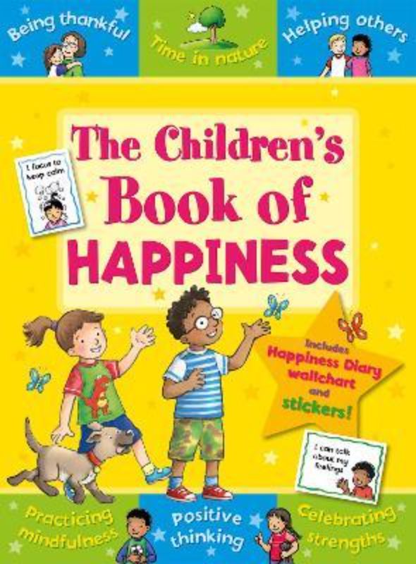 Cover of "The Children's Book of Happiness" featuring playful illustrations and a wipe-clean diary wallchart for emotional well-being.