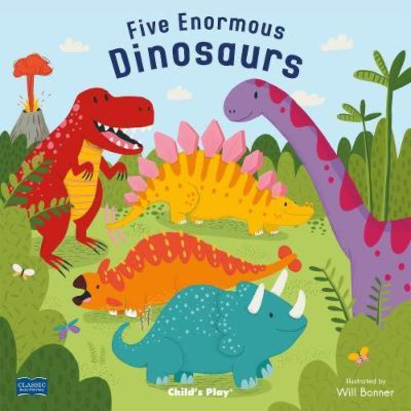 Colorful softcover children's book featuring five enormous dinosaurs and engaging die-cut designs for interactive learning.