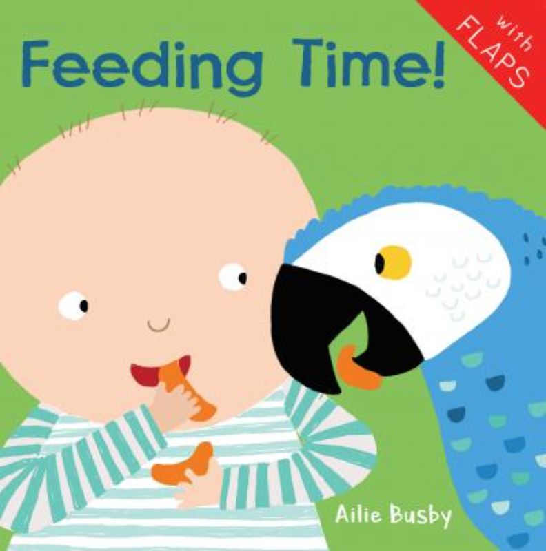 Engaging board book "Feeding Time" with vibrant illustrations and interactive flaps for babies' exploration and development.