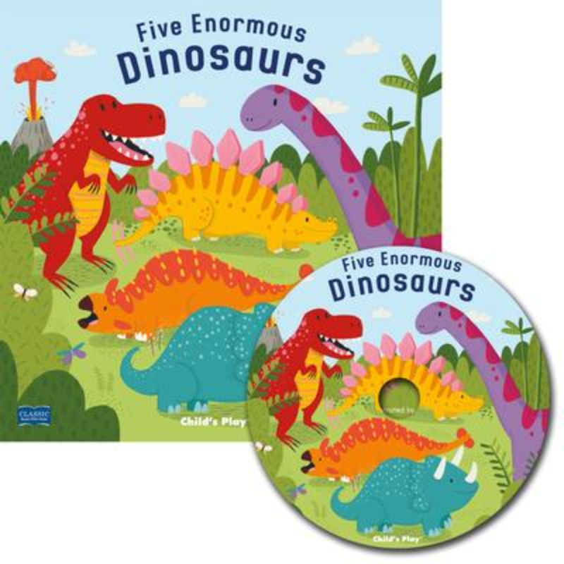 Colorful children's book "Five Enormous Dinosaurs" with CD, featuring playful rhymes and vibrant illustrations for interactive learning.