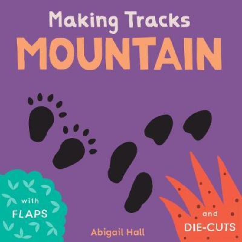 Interactive hardback book for toddlers featuring die-cut shapes and flaps to discover tracks from various animals and vehicles.