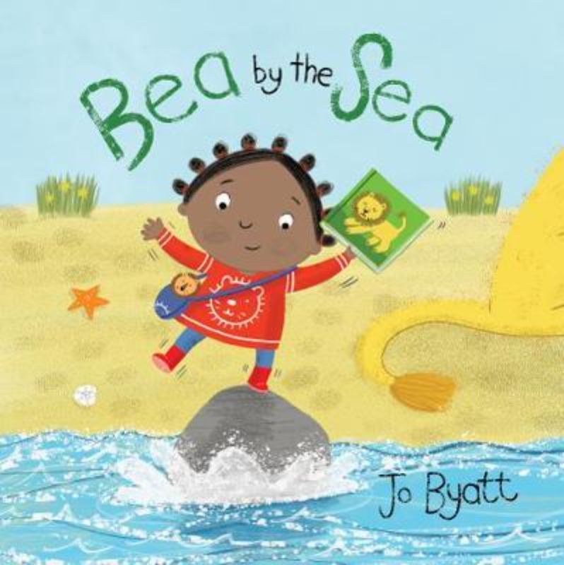 Illustrated cover of "Bea by the Sea," showcasing a young girl with a love for lions exploring a beach adventure.