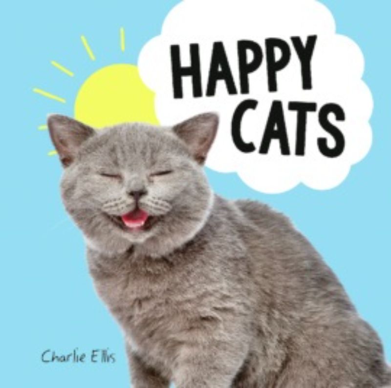 Hardback book titled "Happy Cats," showcasing joyful felines with 96 pages of whimsical tales and stunning images.