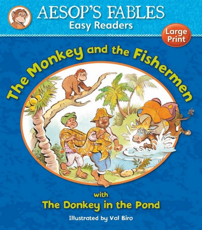 Illustrated cover of 'The Monkey and the Fisherman' showcasing engaging characters for early readers.