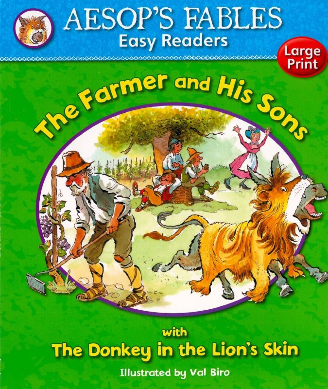 Cover of 'Aesop's Fables Easy Reader: The Farmer and His Sons' with colorful illustrations and large print for early readers.