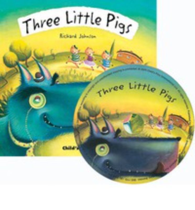 Colorful cover of 'Three Little Pigs' soft cover book with interactive lift-flaps and accompanying story CD for kids.
