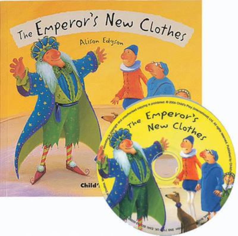 Colorful soft cover book of "The Emperor's New Clothes" with flip-up flaps and an audio CD for engaging storytelling.