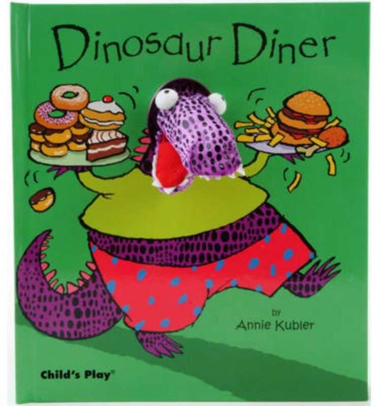 Colorful hardback children's book with dinosaur finger puppets teaching healthy habits and interactive storytelling.