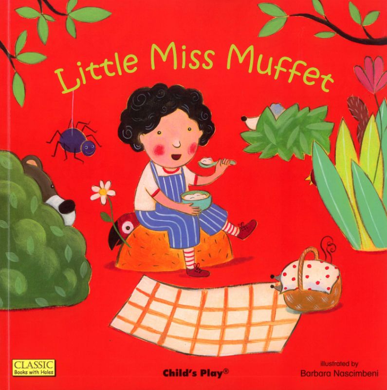 Colorful children's book 'Little Miss Muffet' features a picnic adventure with playful animals and interactive elements.