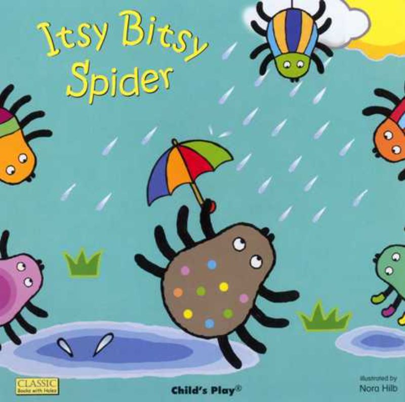 Hardback children's book "Itsy Bitsy Spider" featuring colorful illustrations and interactive die-cut holes for early readers.