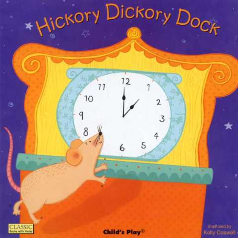 Colorful 'Hickory Dickory Dock' board book with interactive holes, engaging young readers in a classic nursery rhyme.