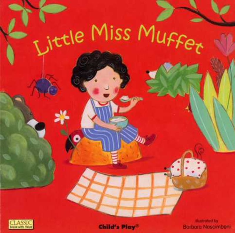 "Colorful board book featuring Little Miss Muffet's picnic, with interactive holes and playful illustrations for toddlers."