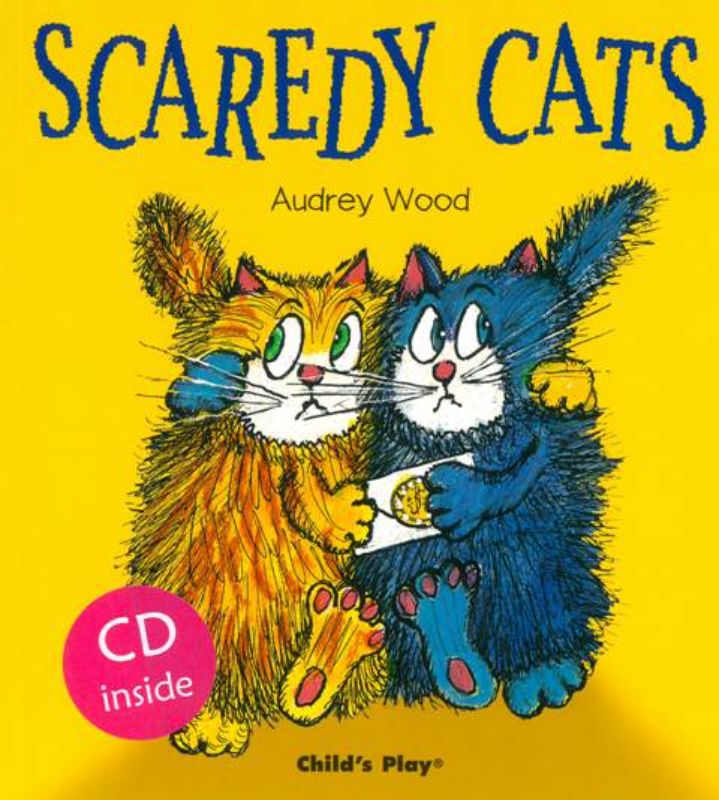 Soft cover book 'Scaredy Cats' with CD, featuring Blue and Yellow Kitten's adventure and lessons on overcoming fears.