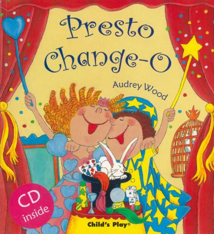 Soft cover children's book 'Presto Change O' with CD, featuring vibrant illustrations and a tale of teamwork between siblings.