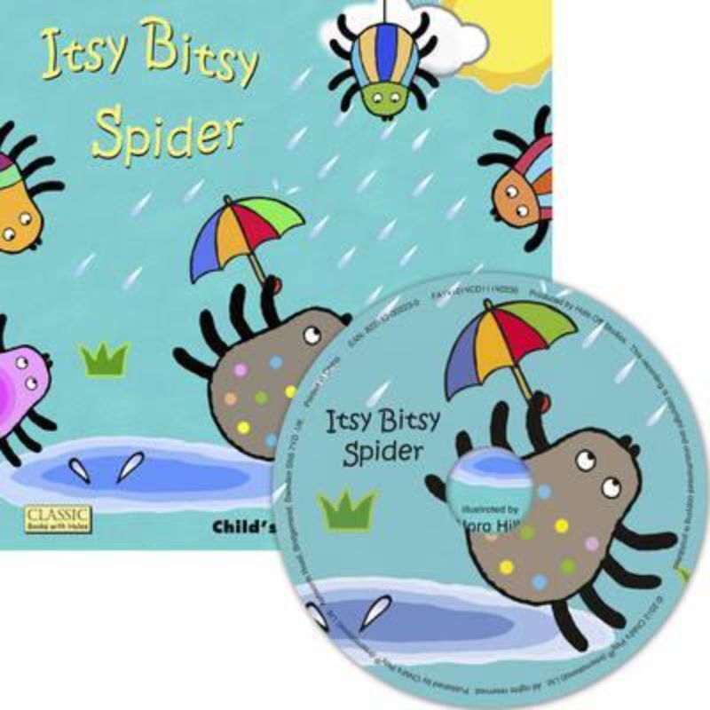 Soft cover 'Itsy Bitsy Spider' book with vibrant illustrations and audio CD, perfect for young children’s reading adventures.