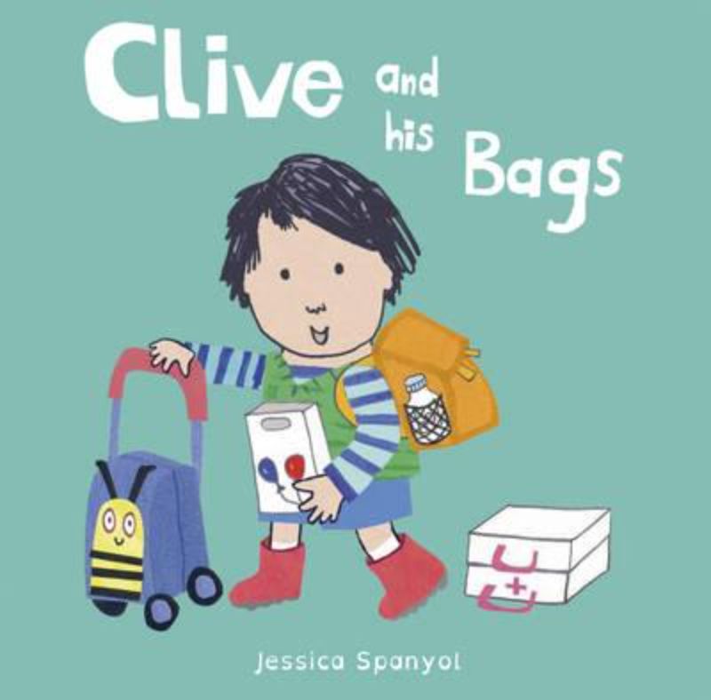 Illustrated hardback children's book "Clive and his Bags" featuring Clive's imaginative adventures with diverse colorful bags.