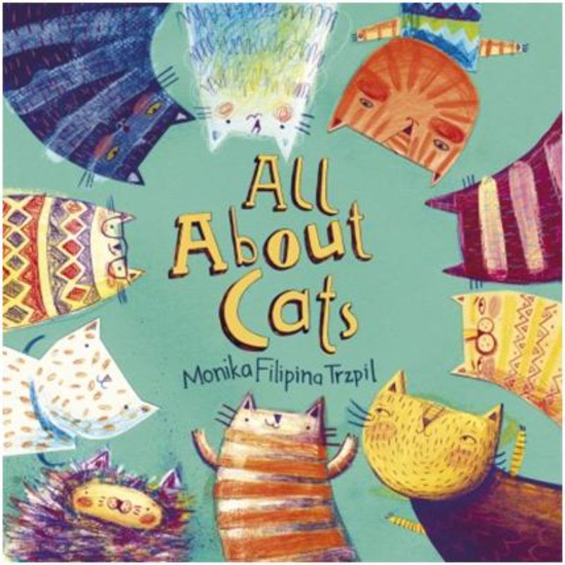 Whimsical paperback book "All About Cats" featuring charming illustrations of feline antics for cat lovers of all ages.