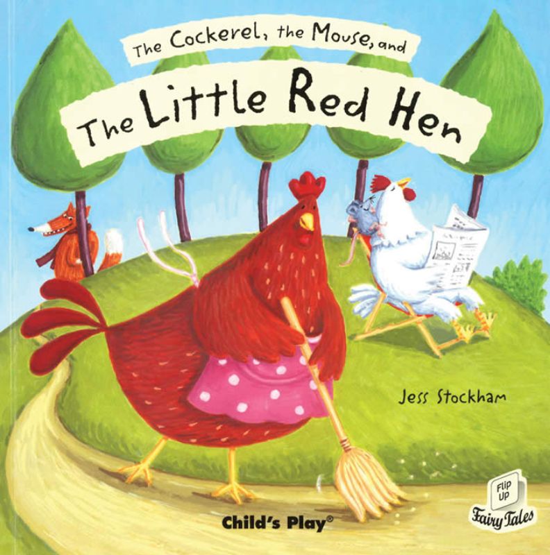 Colorful soft cover book featuring 'The Cockerel, The Mouse, and The Little Red Hen' with interactive lift-up flaps for young readers.