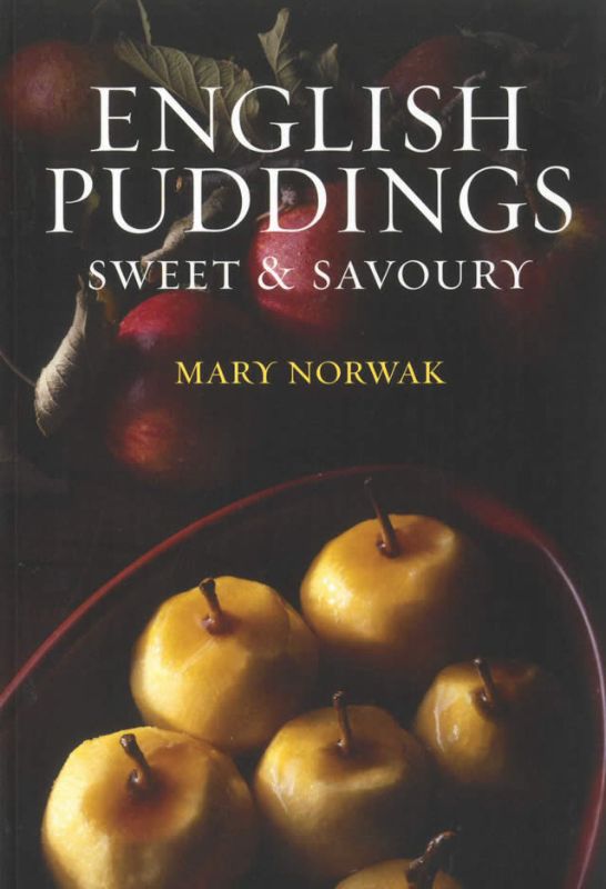 Cookbook cover featuring 'English Puddings: Sweet and Savoury' with traditional recipes for classic British desserts and savory dishes.