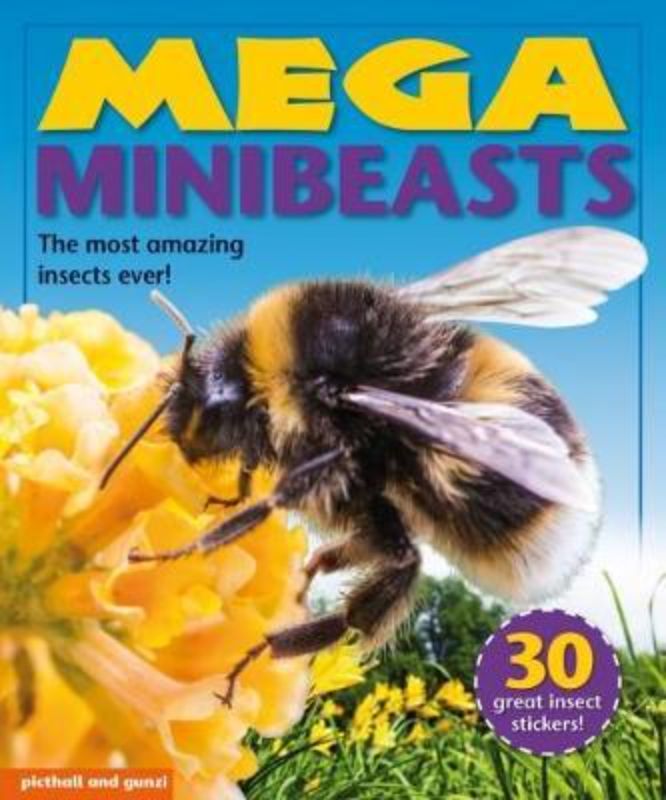 Vibrant cover of "Mega Minibeasts," an engaging children's book introducing insects and minibeasts for young explorers.