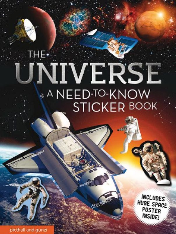 Vibrant space sticker book with illustrations, facts, and a fold-out solar system poster for young explorers.