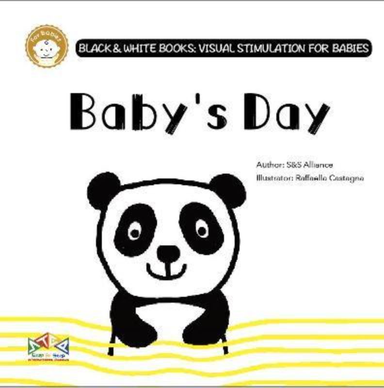 High-contrast board book for toddlers featuring interactive visuals and engaging activities to stimulate early development.