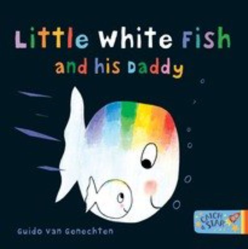 Illustrated children's book showing Little White Fish and various dads, celebrating fatherhood and friendship.
