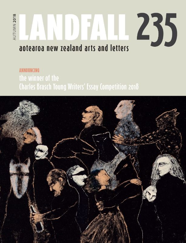 Cover of Landfall 235, a paperback anthology showcasing contemporary New Zealand literature and voices from the 2018 Young Writers' Award.