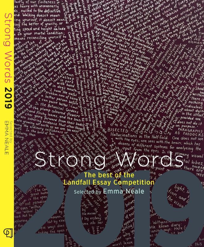Cover of 'Strong Words 2019', a curated collection of New Zealand essays highlighting contemporary literary talent.