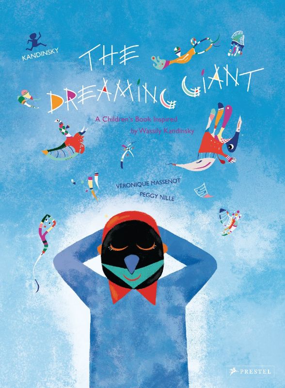 Whimsical illustration of a gentle giant dreaming, inspired by Kandinsky's vivid 'Sky Blue,' enchanting young readers.