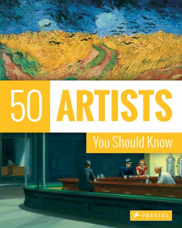 Cover of "50 Artists You Should Know" by Thomas Koster, featuring key artists' biographies and iconic artworks in a vivid layout.