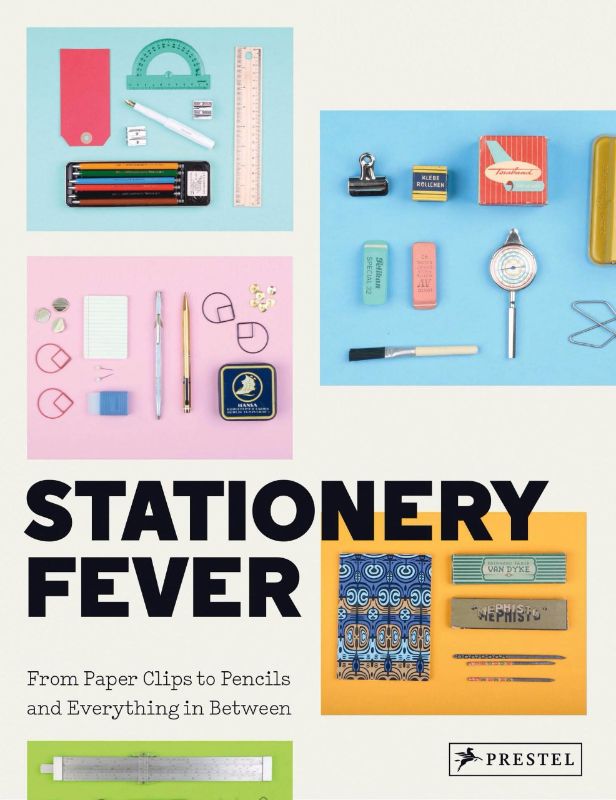 A beautifully designed hardback book showcasing collectible stationery art, featuring retro pens, notebooks, and greeting cards.