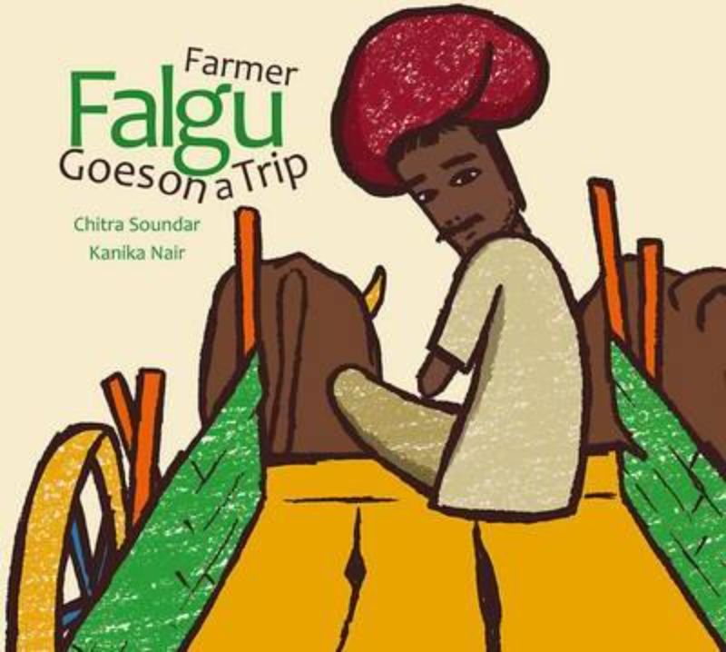 Illustrated children's book cover featuring Farmer Falgu's humorous adventure amidst lively farm animals in Rajasthan.