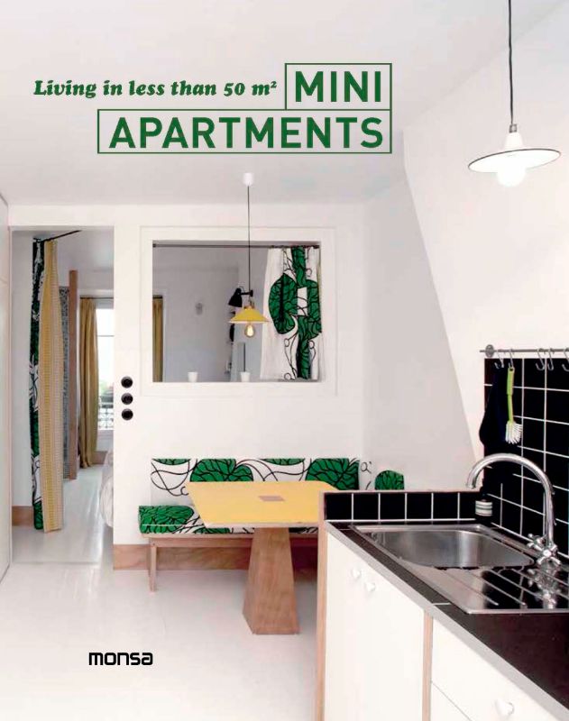 Hardcover book "Mini Apartments," featuring small space design ideas, layouts, and tips for optimizing tiny living areas.