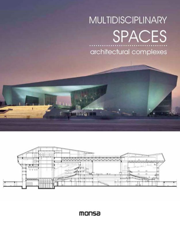 A hardback book detailing versatile architecture for multidisciplinary spaces, featuring cultural and sports facilities.