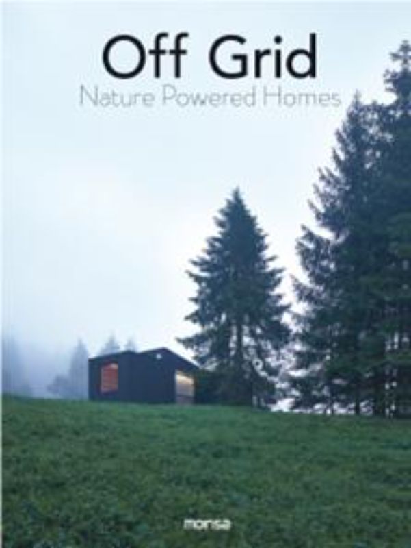 A beautifully bound hardback book titled 'Living Off-Grid' featuring 144 pages on self-sufficient, eco-friendly home designs.